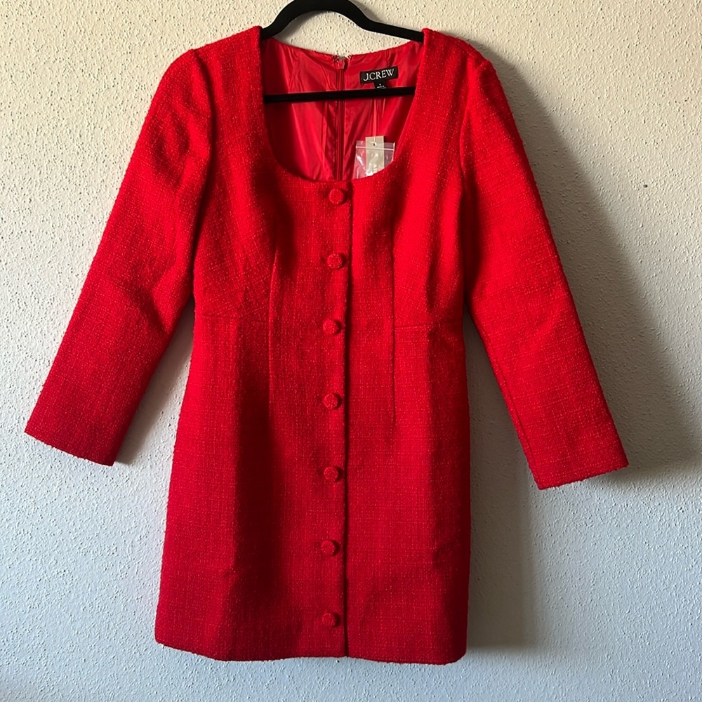 Red tweed square neck dress from J. Crew